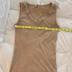 ONE WORLD Tan Embellished Tank Top Medium
